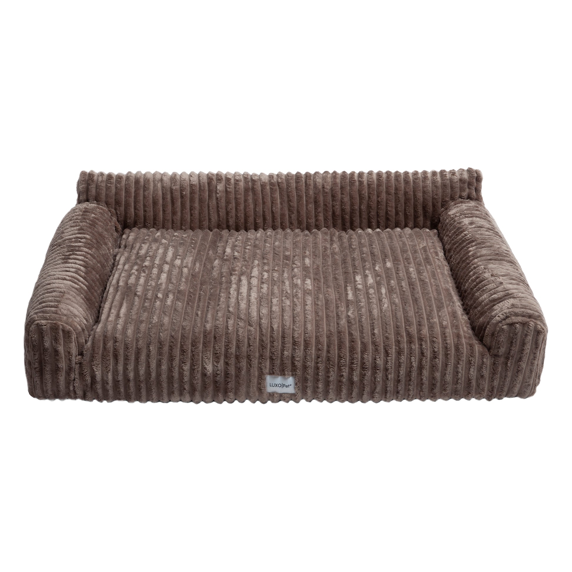 Brown corduroy-textured rectangular pet bed on white background
