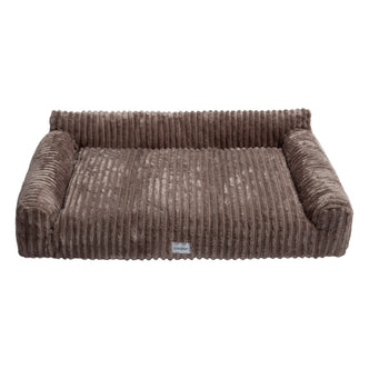 Brown corduroy-textured rectangular pet bed on white background