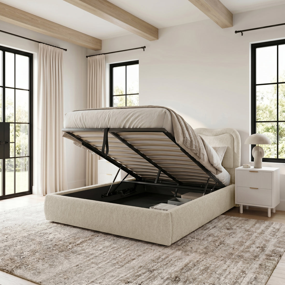 Upholstered storage bed with lift-up mechanism in a styled bedroom