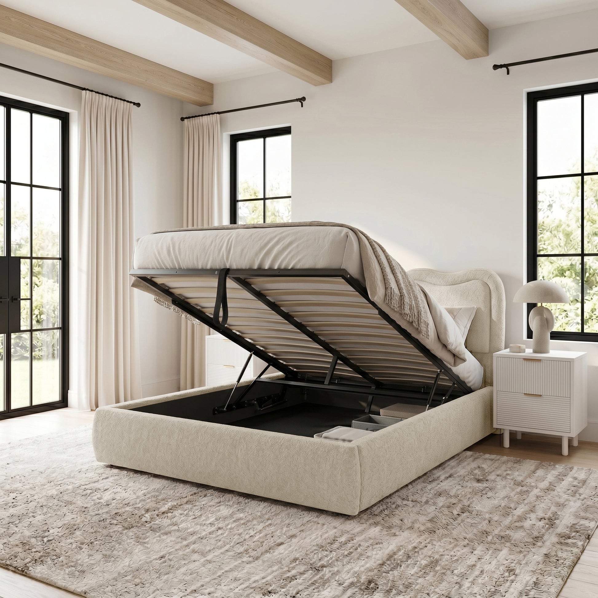 Upholstered storage bed with lift-up mechanism in a styled bedroom