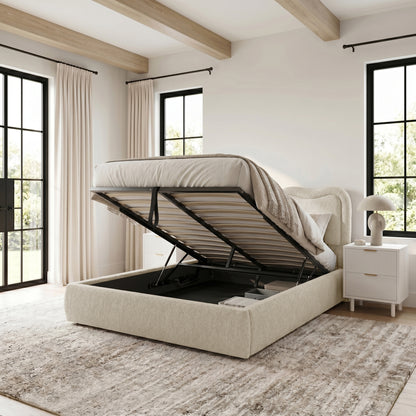 Upholstered storage bed with lift-up mechanism in a styled bedroom