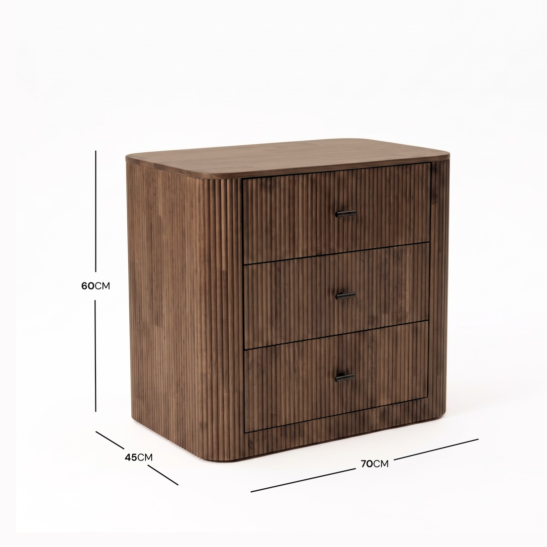 Modern wooden three-drawer chest on a white background with dimensions shown
