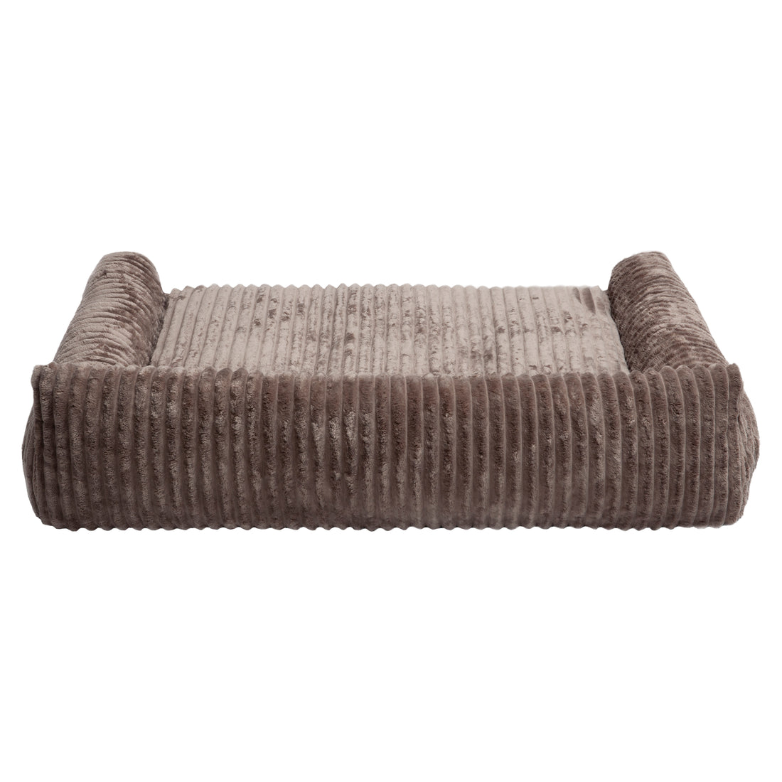 Brown ribbed pet bed with bolstered sides and back on white background
