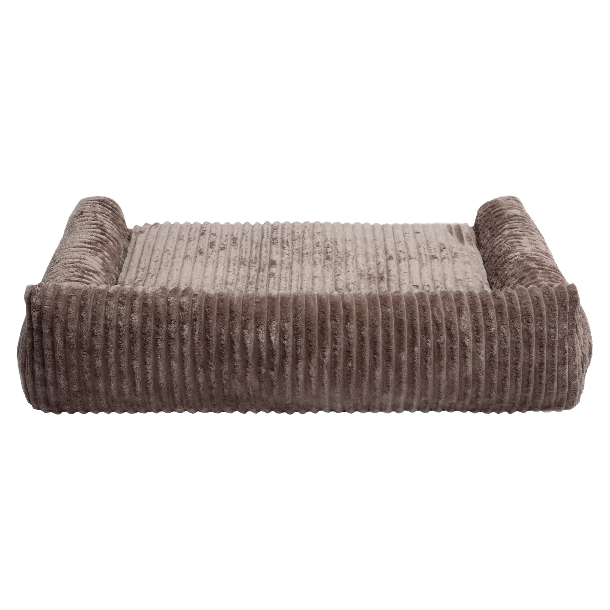Brown ribbed pet bed with bolstered sides and back on white background