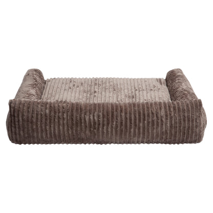 Brown ribbed pet bed with bolstered sides and back on white background