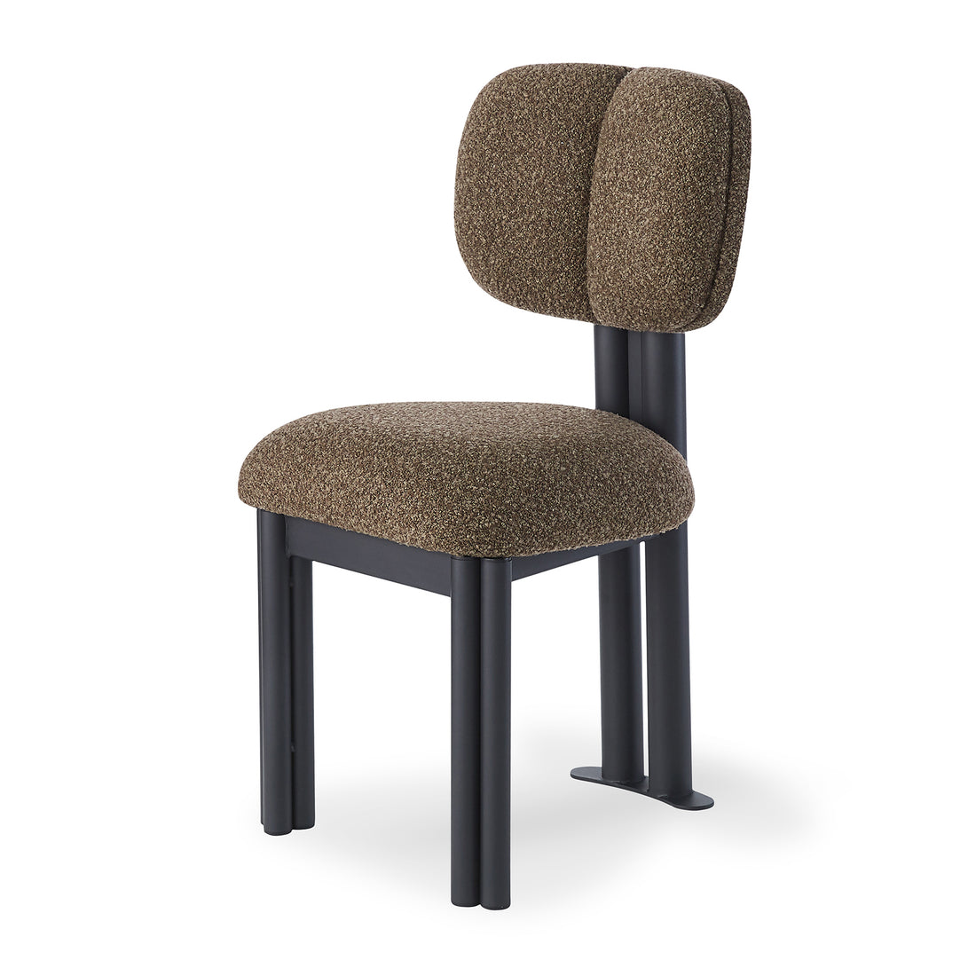 Norii Boucle Fabric Dining Chair in Rust Brown features a padded seat, split backrest in boucle fabric, and matte black tubular metal legs, offering a modern, cozy dining experience.