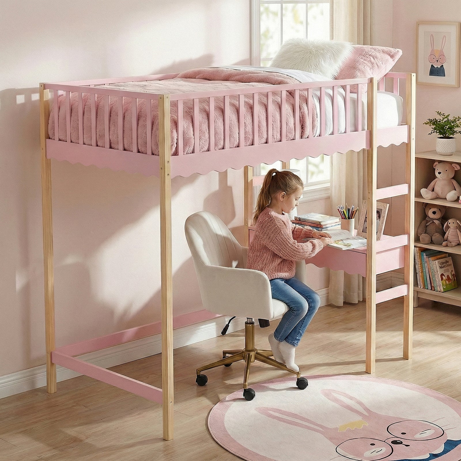 Child drawing at desk under pink loft bed in a decorated kids’ room