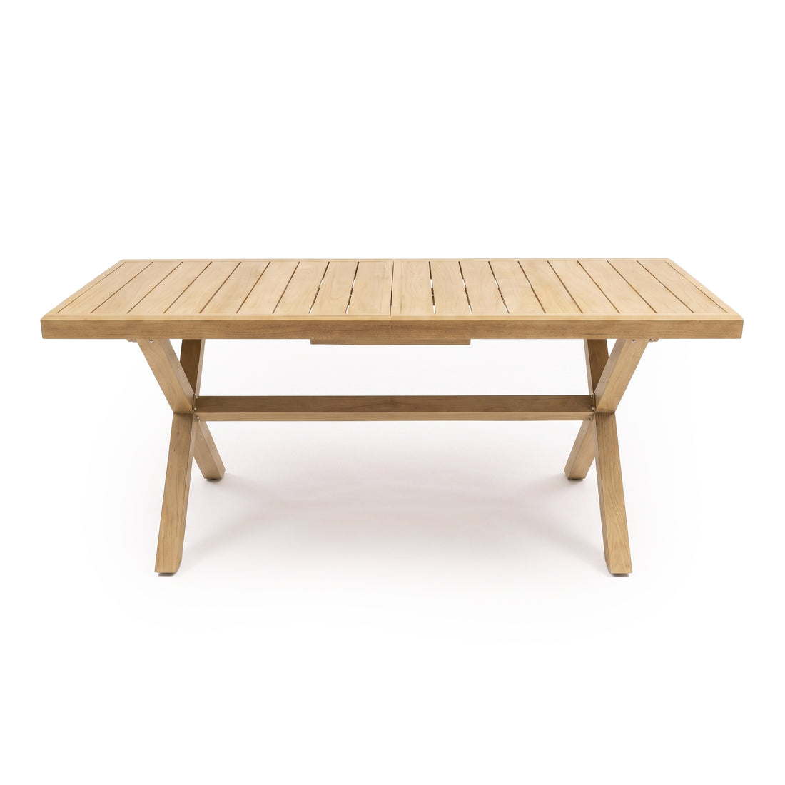 Rectangular wooden table with slatted top and crossed legs on white background