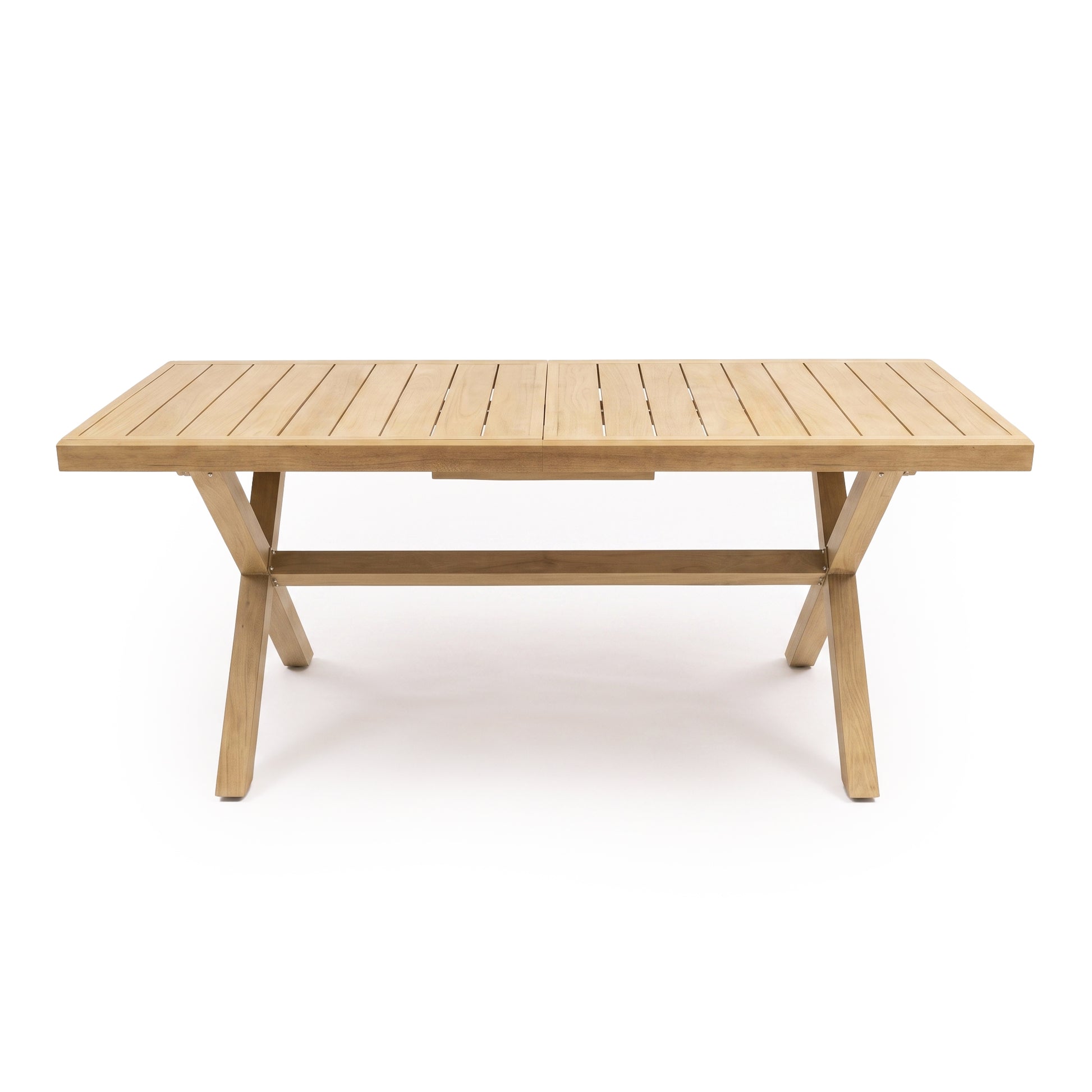 Rectangular wooden table with slatted top and crossed legs on white background