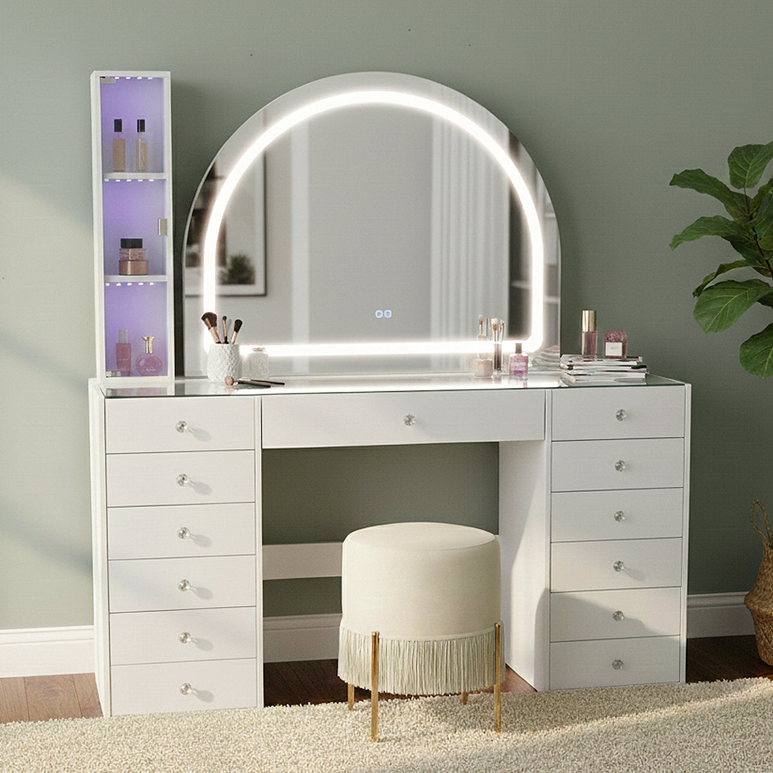 White vanity table with LED-lit mirror and cosmetics in a bedroom setting