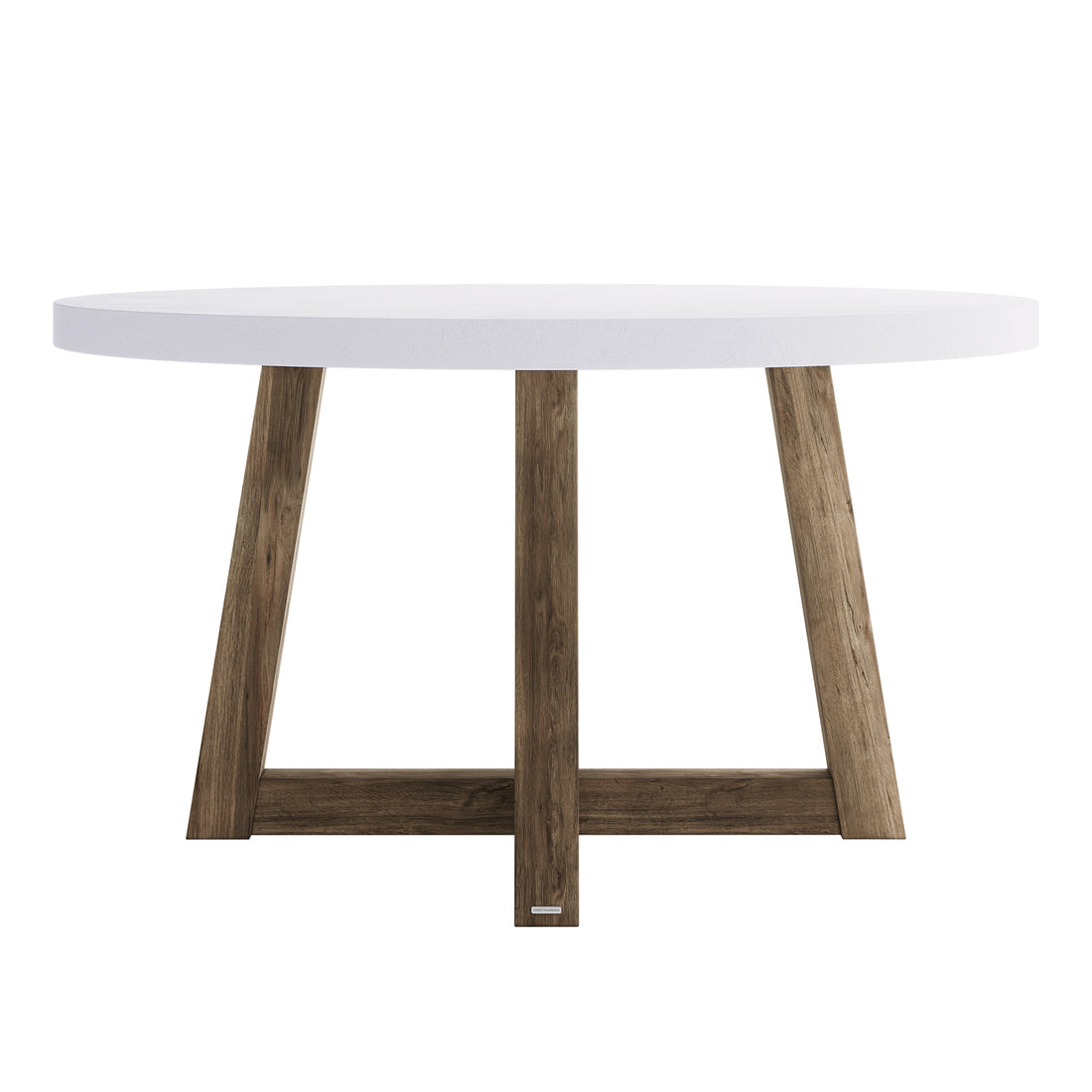 Magnus Hardwood and Concrete Outdoor Dining Table features a sleek, round white top with a rustic wooden base of intersecting angled legs, perfect for stylish alfresco dining.