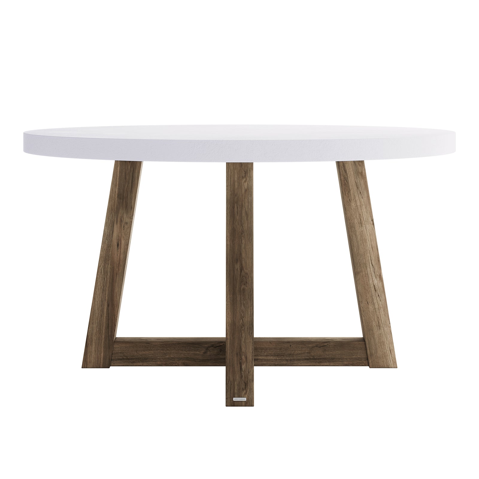 Magnus Hardwood and Concrete Outdoor Dining Table features a sleek, round white top with a rustic wooden base of intersecting angled legs, perfect for stylish alfresco dining.