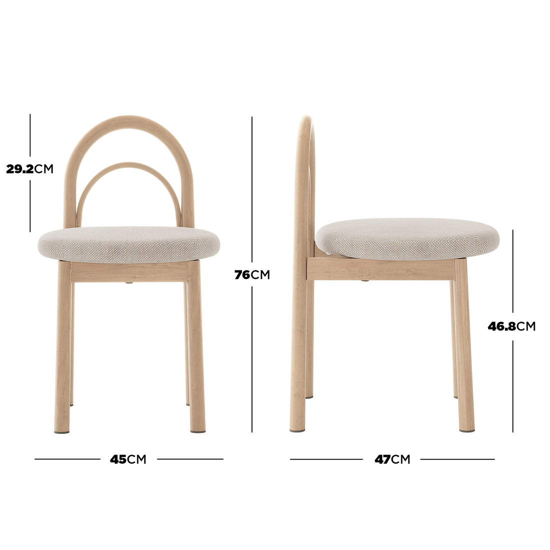 Modern arched-back chair shown on a white background with dimension markings.