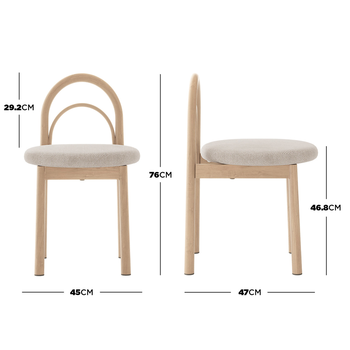 Modern arched-back chair shown on a white background with dimension markings.