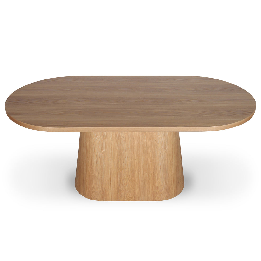 Gigi 180cm Oval Wooden Dining Table in Oak features a light wood grain oval tabletop, supported by a gently tapered pedestal base, offering a modern and elegant centerpiece for dining spaces.