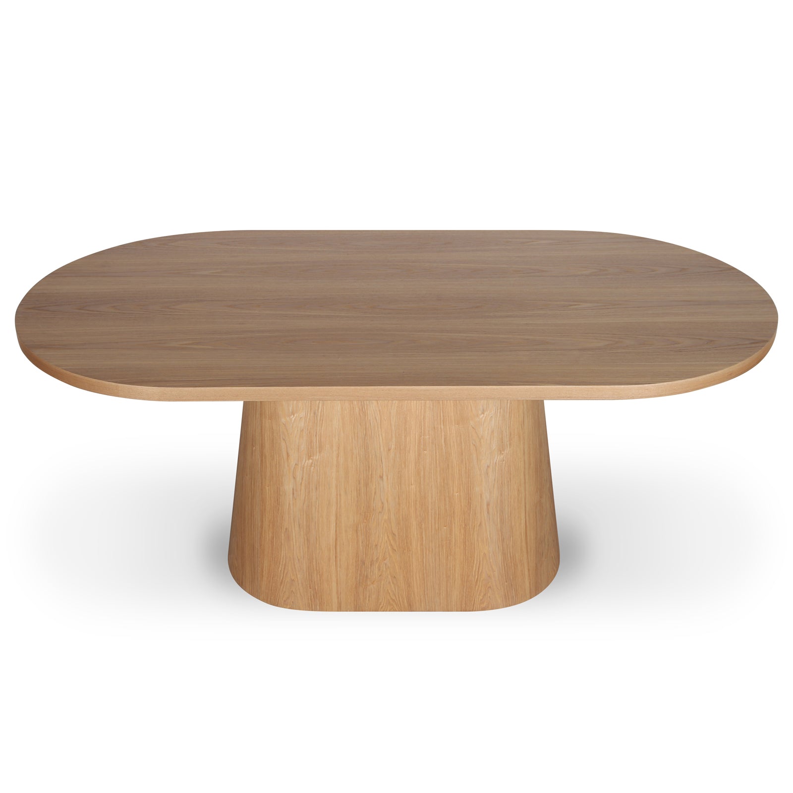 Gigi 180cm Oval Wooden Dining Table in Oak features a light wood grain oval tabletop, supported by a gently tapered pedestal base, offering a modern and elegant centerpiece for dining spaces.