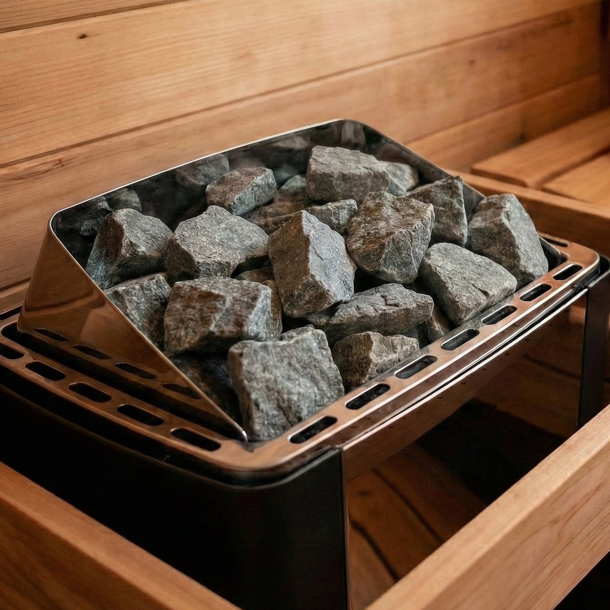 Sauna heater filled with stones inside a wooden sauna room