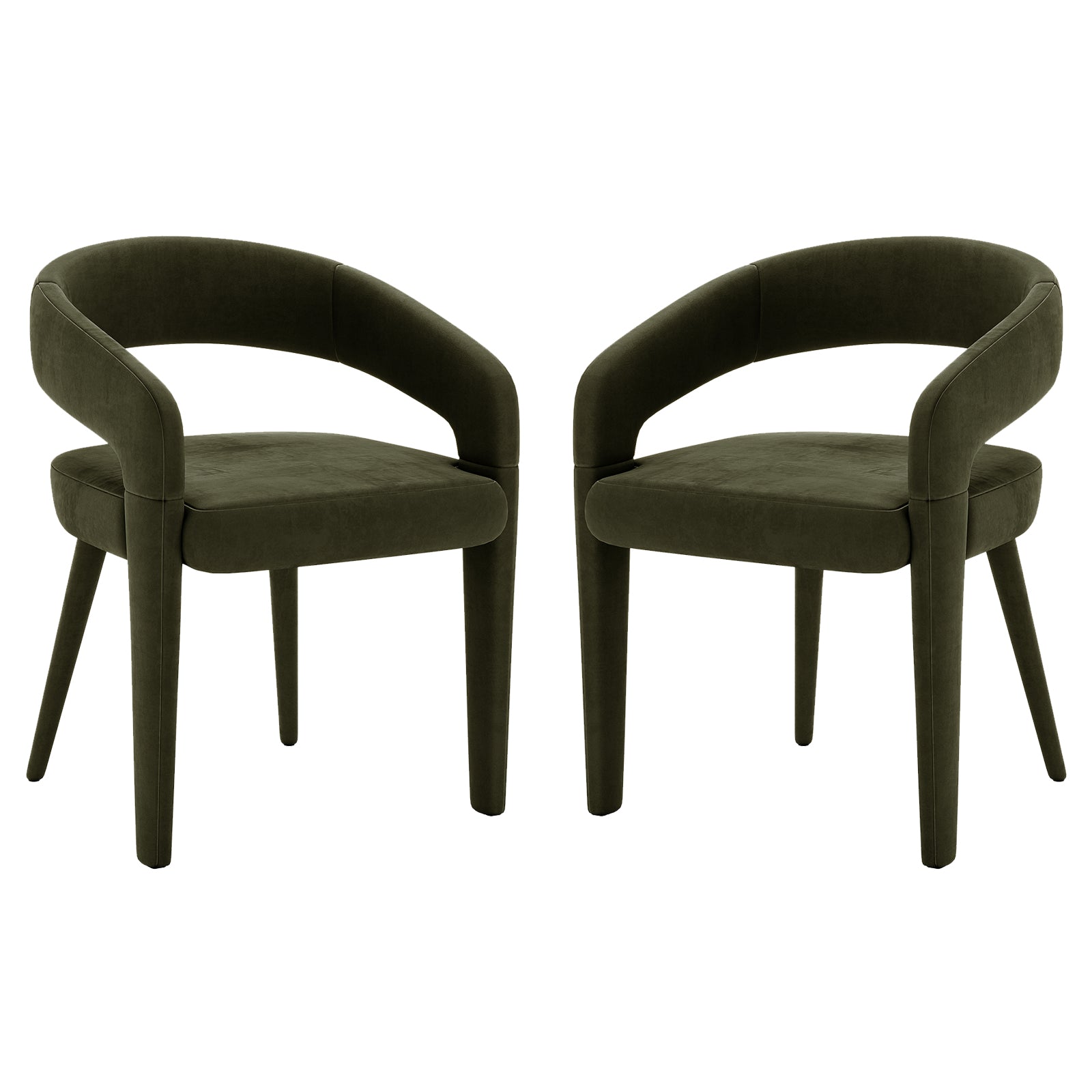 Eisha Velvet Dining Chair Set of 2 in Woodland Green features curved open backrests, plush upholstery, and tapered legs, offering modern elegance and comfort, ideal for enhancing dining spaces.