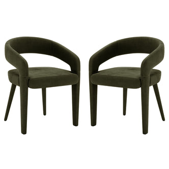 Eisha Velvet Dining Chair Set of 2 in Woodland Green features curved open backrests, plush upholstery, and tapered legs, offering modern elegance and comfort, ideal for enhancing dining spaces.