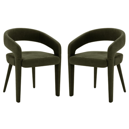 Eisha Velvet Dining Chair Set of 2 in Woodland Green features curved open backrests, plush upholstery, and tapered legs, offering modern elegance and comfort, ideal for enhancing dining spaces.