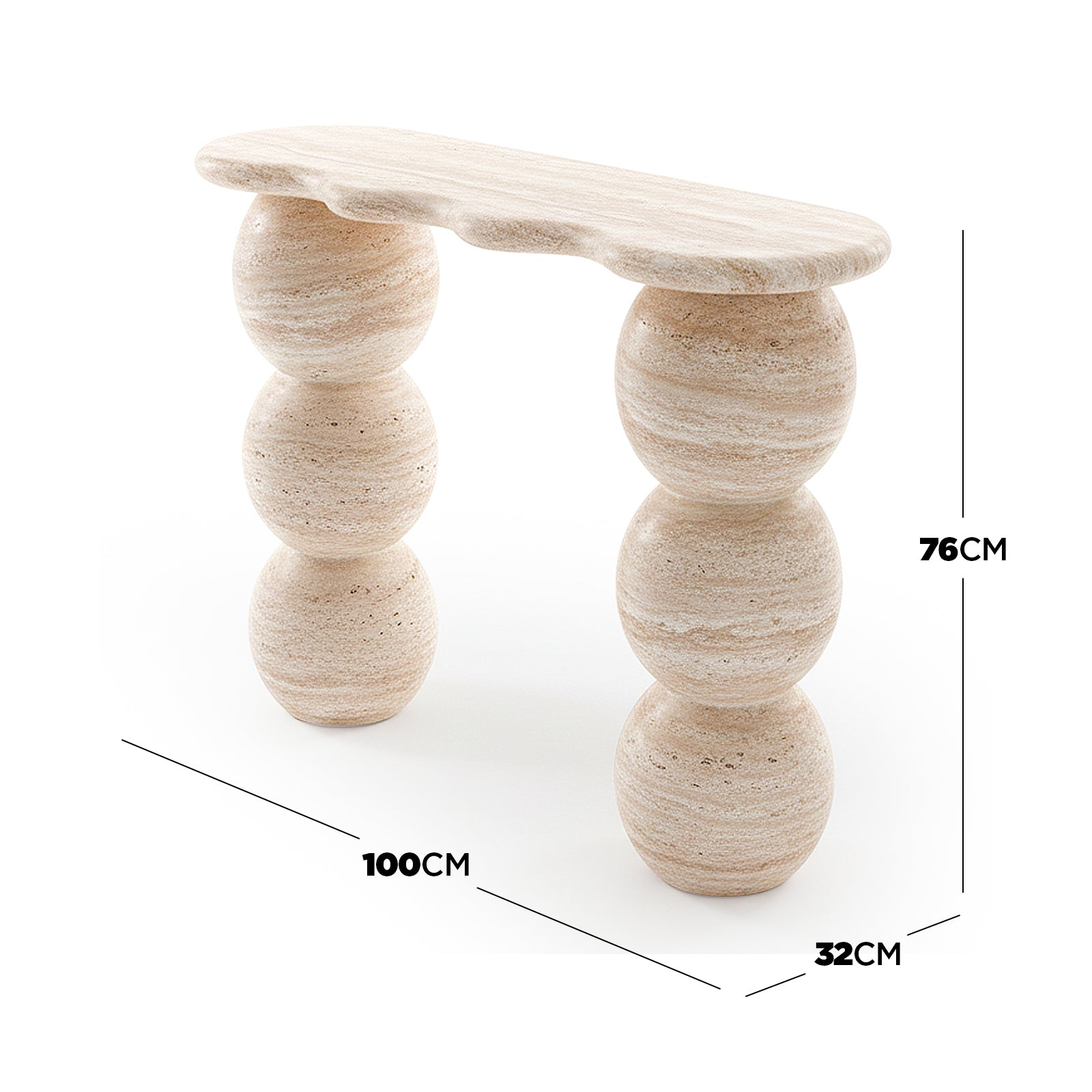 Console table with dimensions overlay on white background