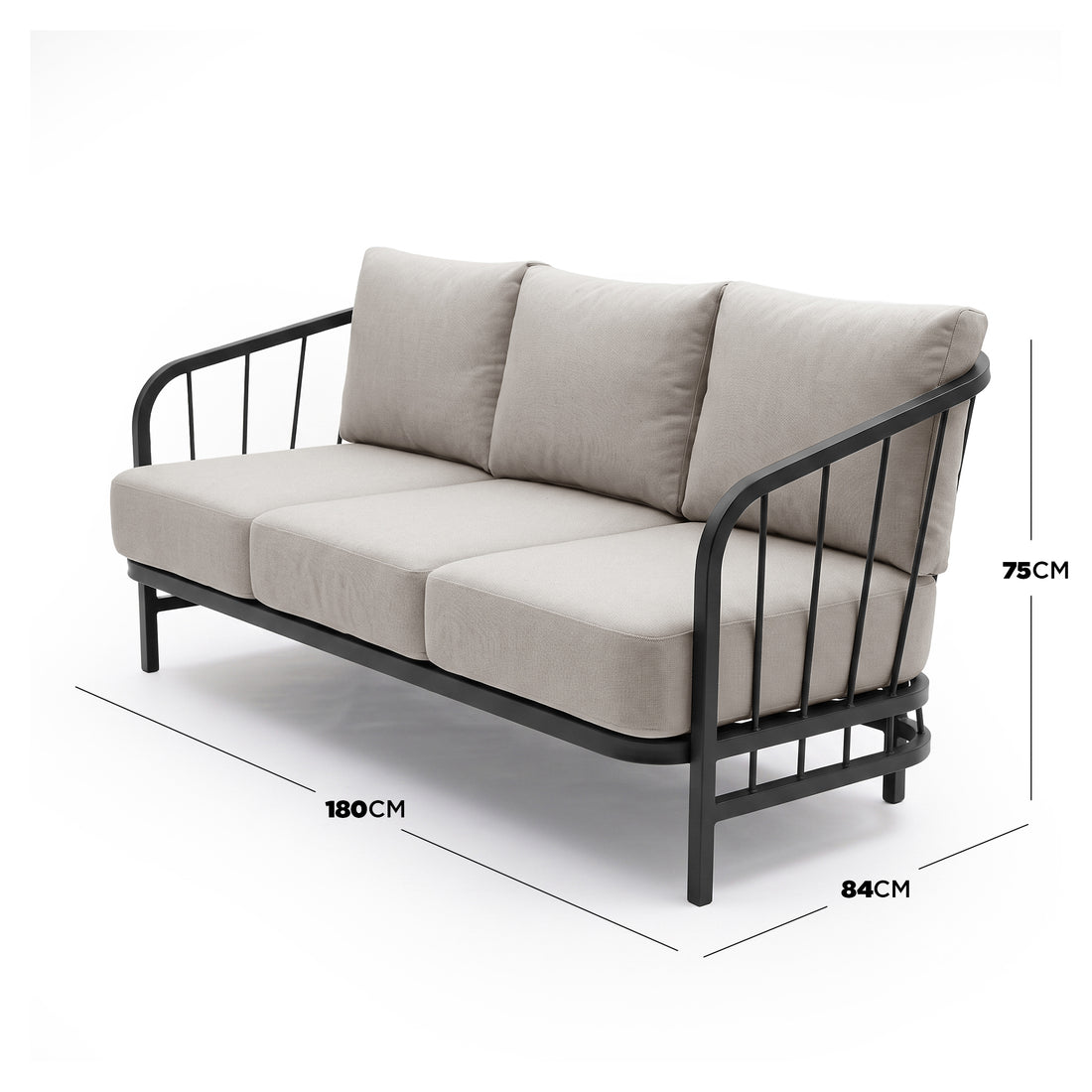Three-seater sofa on white background with dimension measurements shown