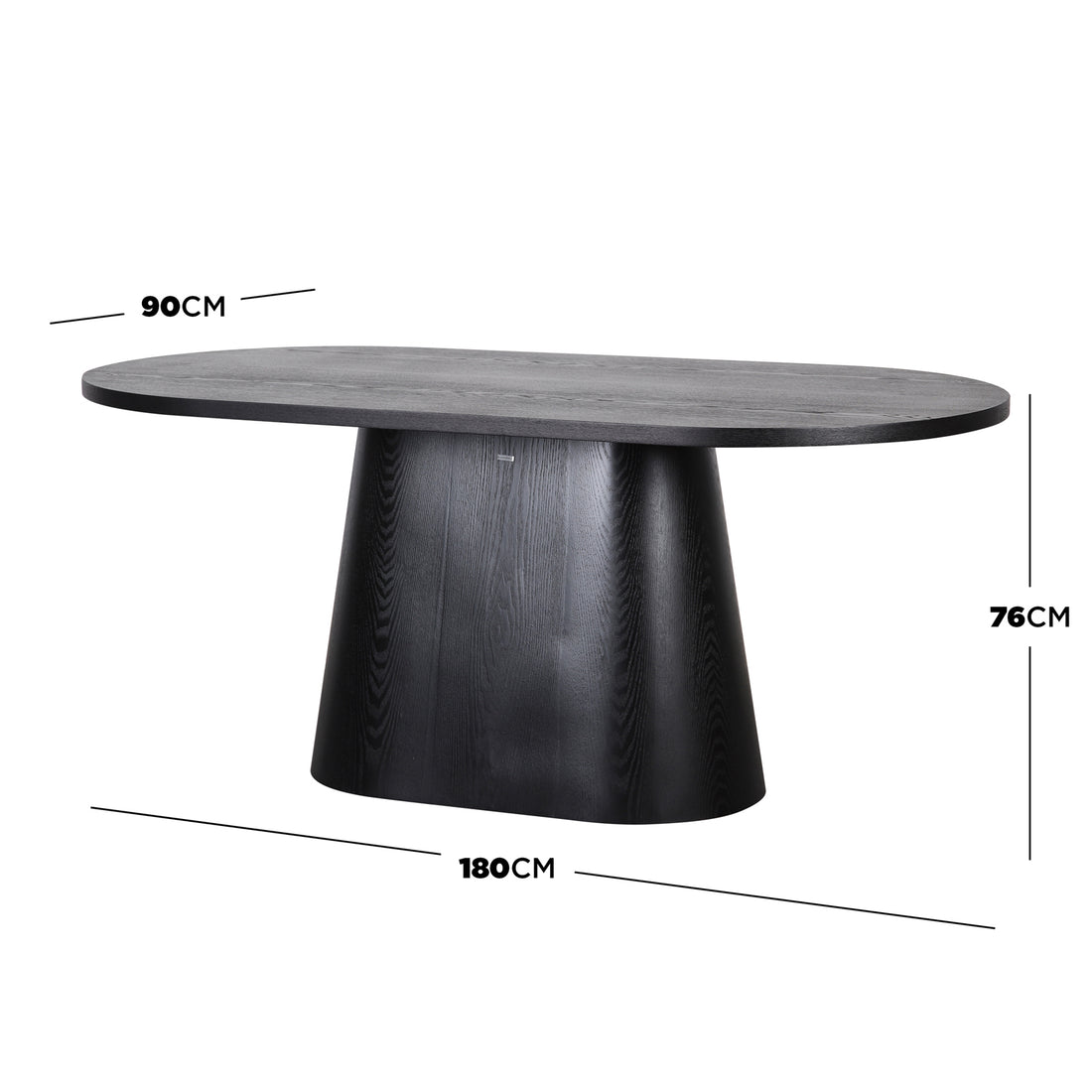 Gigi 180cm Oval Wooden Dining Table in Black, featuring a smooth oval top and single trapezoid pedestal base, offers seating for six with a sleek, modern design.