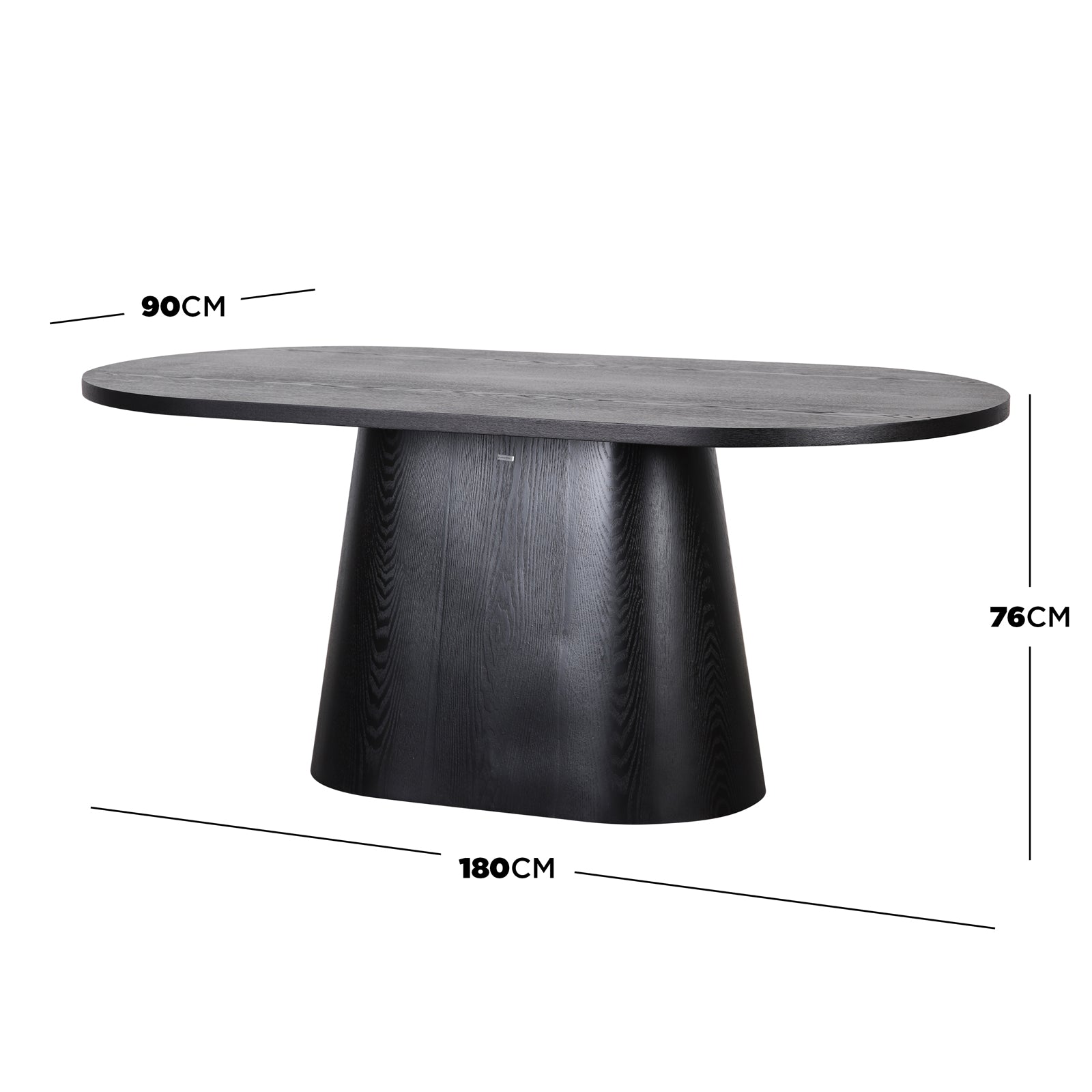 Gigi 180cm Oval Wooden Dining Table in Black, featuring a smooth oval top and single trapezoid pedestal base, offers seating for six with a sleek, modern design.