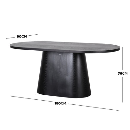 Gigi 180cm Oval Wooden Dining Table in Black, featuring a smooth oval top and single trapezoid pedestal base, offers seating for six with a sleek, modern design.