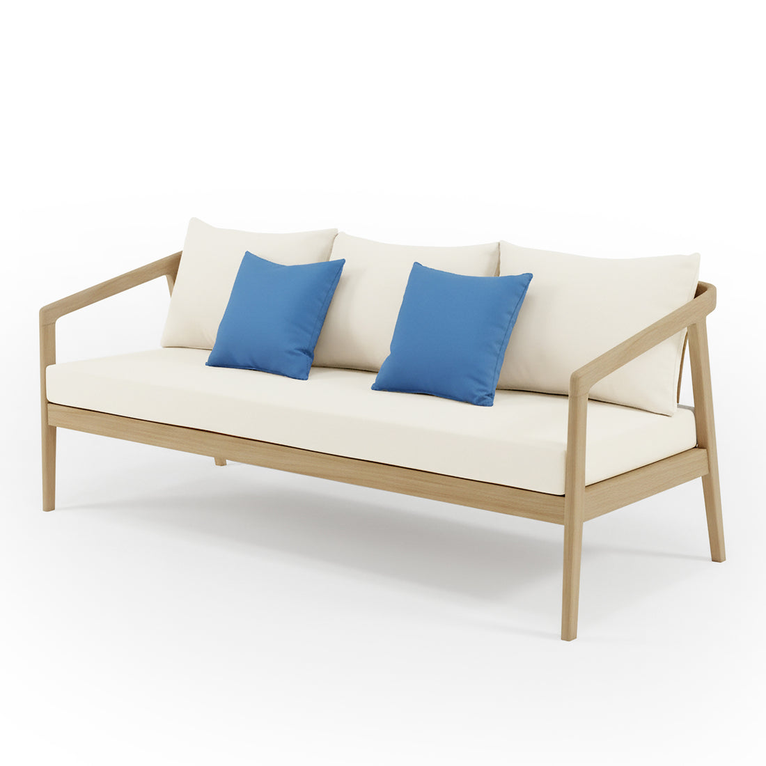 Delva 4 Seater Hardwood Acacia Outdoor Sofa Set in Cream features a minimalist three-seat bench with a light wood frame, creamy off-white cushions, and two bright blue throw pillows for a contemporary outdoor look.