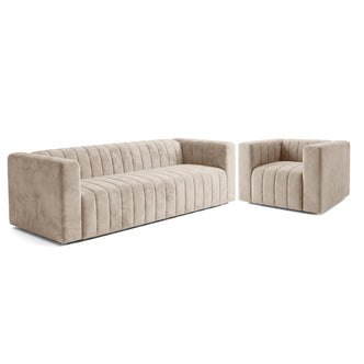 Beige upholstered sofa and armchair set on a white background