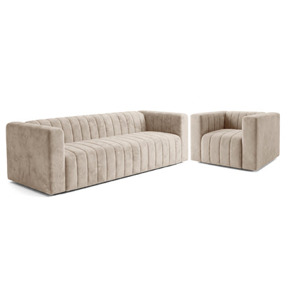 Beige upholstered sofa and armchair set on a white background