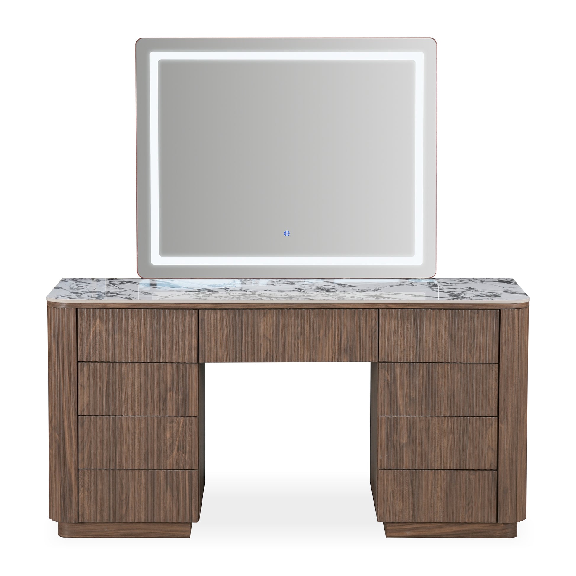 Complete vanity set with lit mirror and wood drawers on a white background