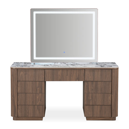 Complete vanity set with lit mirror and wood drawers on a white background