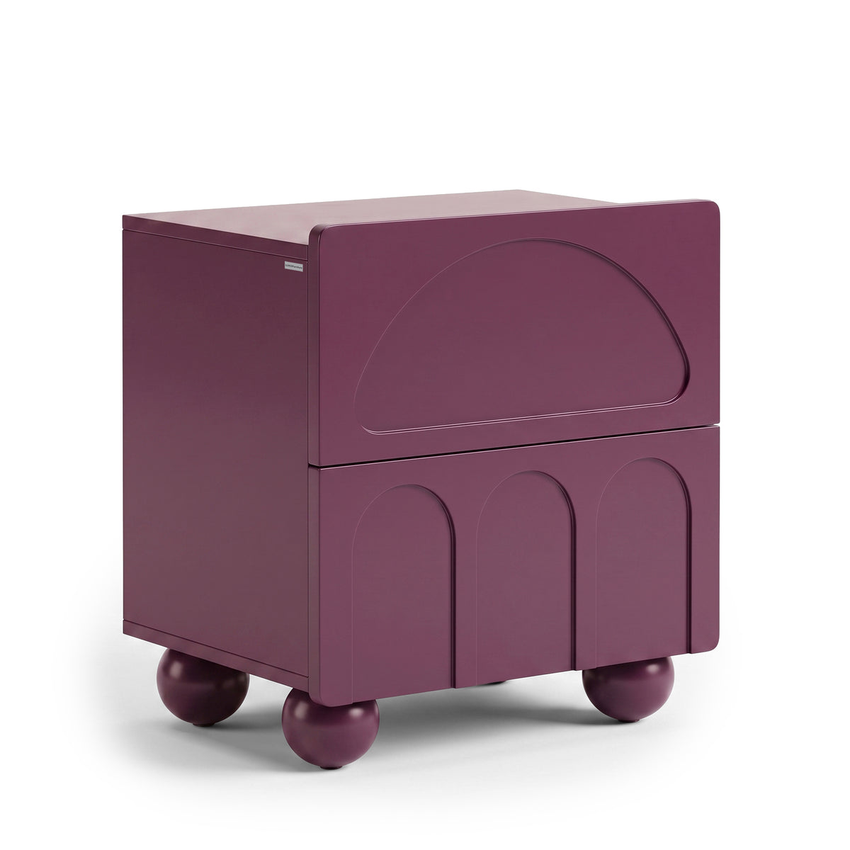 Purple modern side table on a white background with geometric drawer fronts and spherical legs