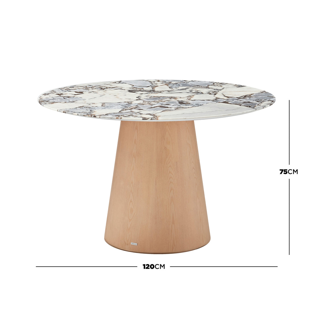 Dina 120cm Round Marble Dining Table in Blue Galaxy Natural, featuring a veined marble top on a tapered wooden pedestal base, with dimensions noted: 120cm diameter, 75cm height.