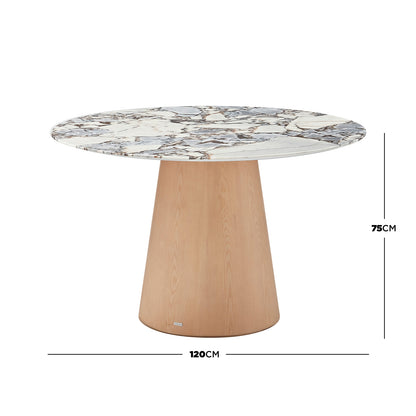 Dina 120cm Round Marble Dining Table in Blue Galaxy Natural, featuring a veined marble top on a tapered wooden pedestal base, with dimensions noted: 120cm diameter, 75cm height.
