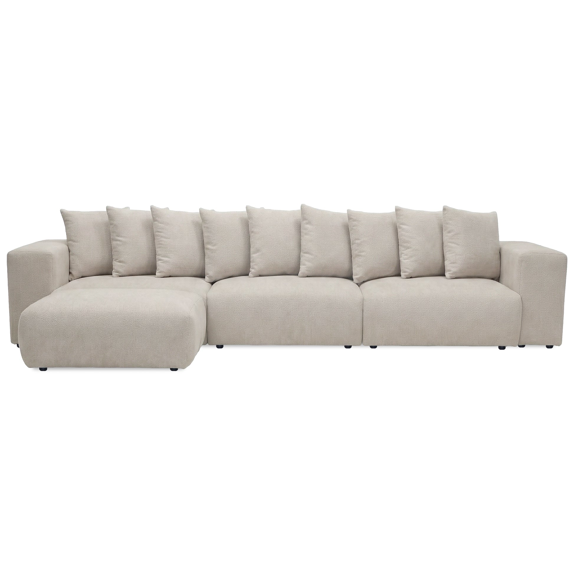 Beige sectional sofa front view on white background