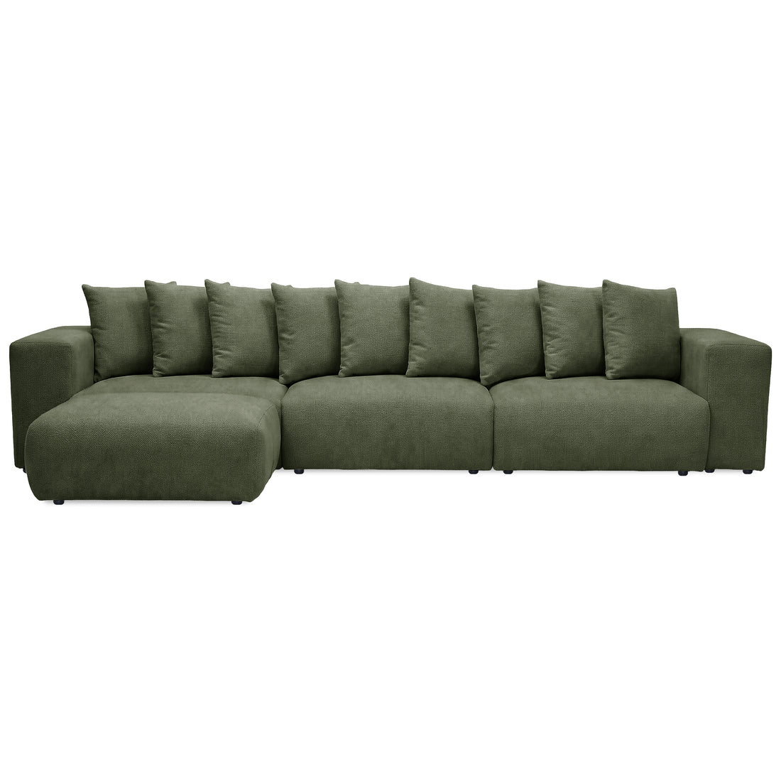 L-shaped dark green sectional sofa on white background
