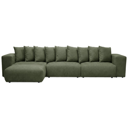 L-shaped dark green sectional sofa on white background