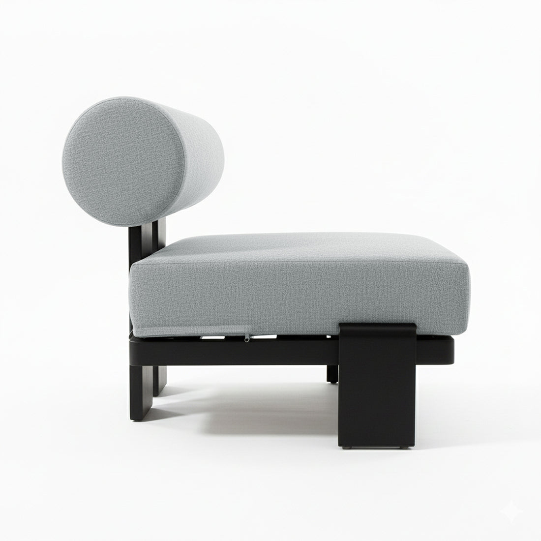 Modica 5 Seater Aluminium Outdoor Sofa Set in Black & Grey features light-grey cushions, a cylindrical bolster backrest, and a sleek black metal frame with block-style legs, embodying minimalist, contemporary design.