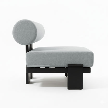 Modica 5 Seater Aluminium Outdoor Sofa Set in Black & Grey features light-grey cushions, a cylindrical bolster backrest, and a sleek black metal frame with block-style legs, embodying minimalist, contemporary design.