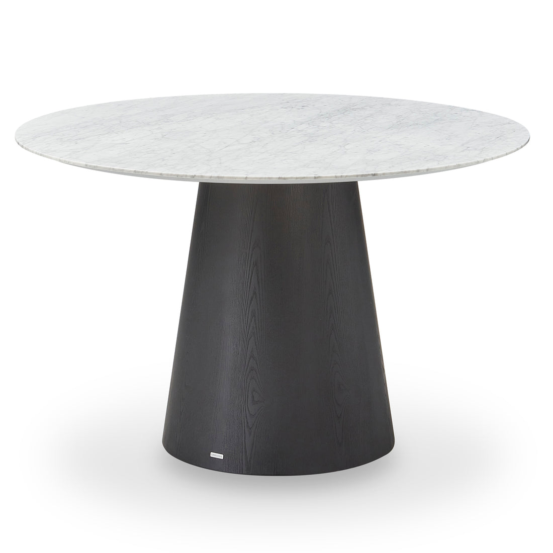 Dina 120cm Round Marble Dining Table in Carrara Black features a white marble top on a dark wood pedestal base, highlighting its elegant and modern design against a plain white background.