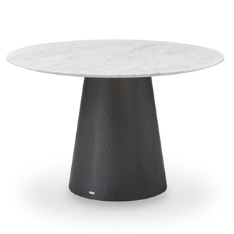 Dina 120cm Round Marble Dining Table in Carrara Black features a white marble top on a dark wood pedestal base, highlighting its elegant and modern design against a plain white background.