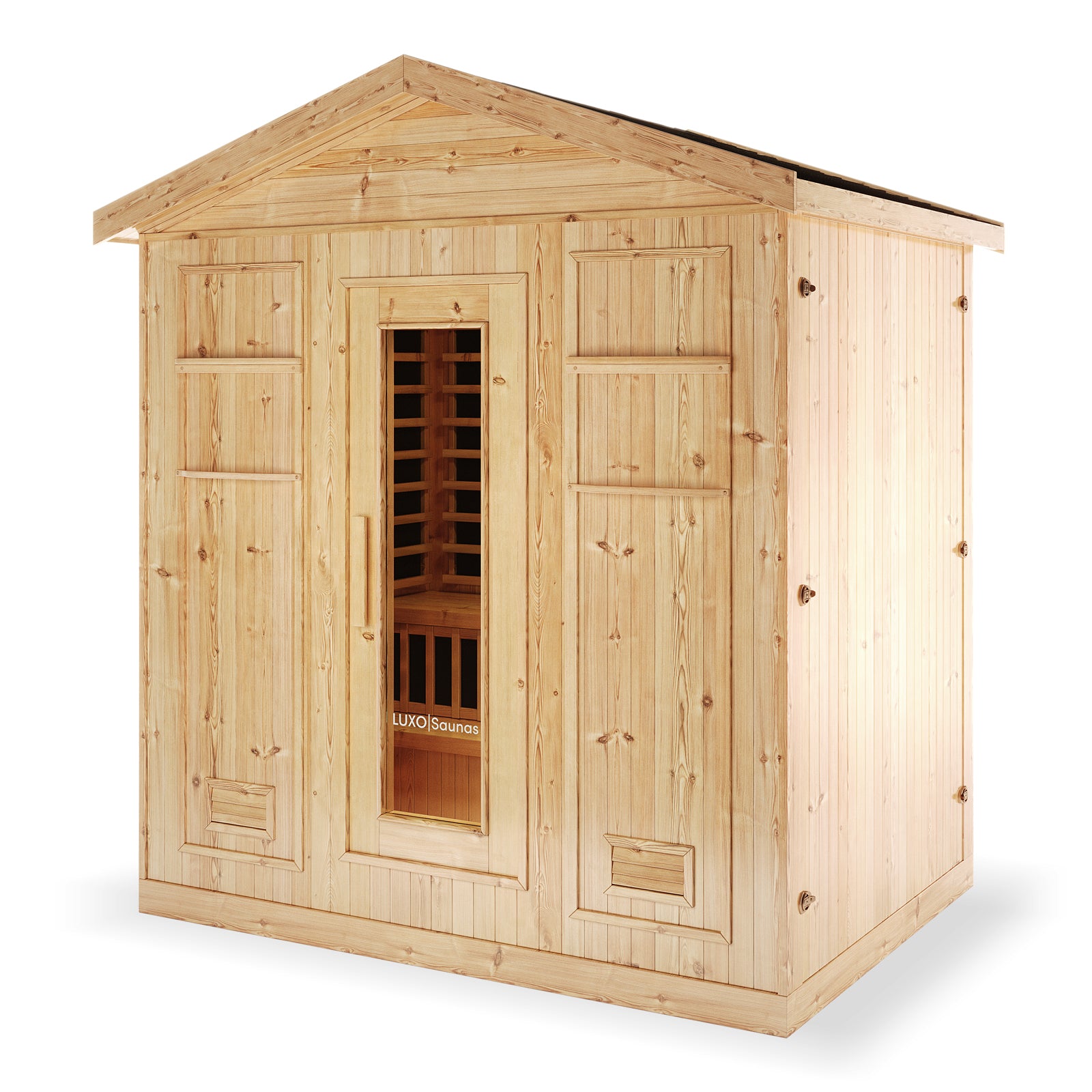 Luxo Kiima 6 Person Hybrid Finnish Outdoor Sauna in Natural, featuring tongue-and-groove wood panels, a glass-panel door, and visible slatted wood benches inside, embodies a stylish and functional backyard retreat.