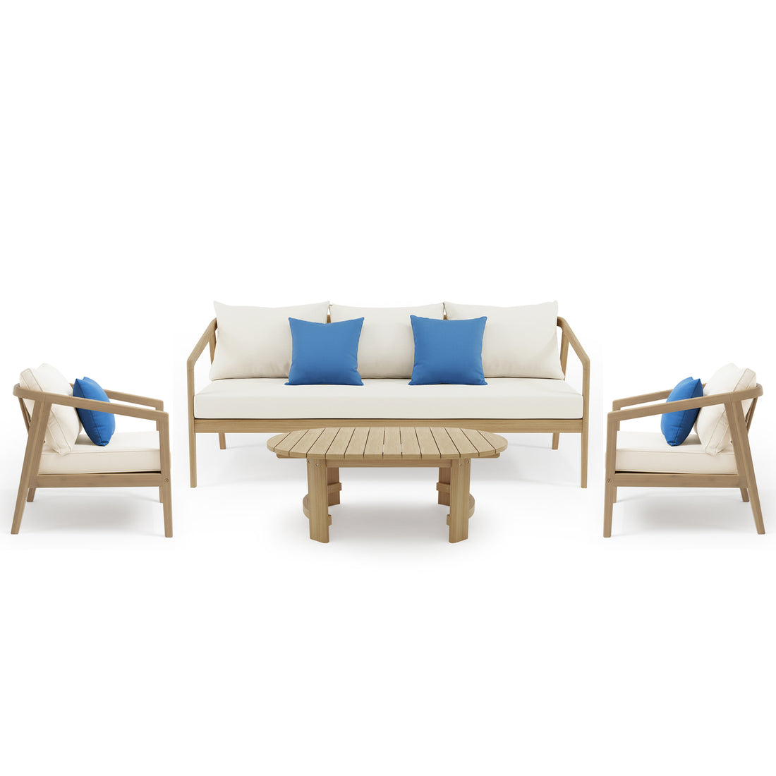Complete patio furniture set with sofa, armchairs, coffee table and blue accent pillows on white background