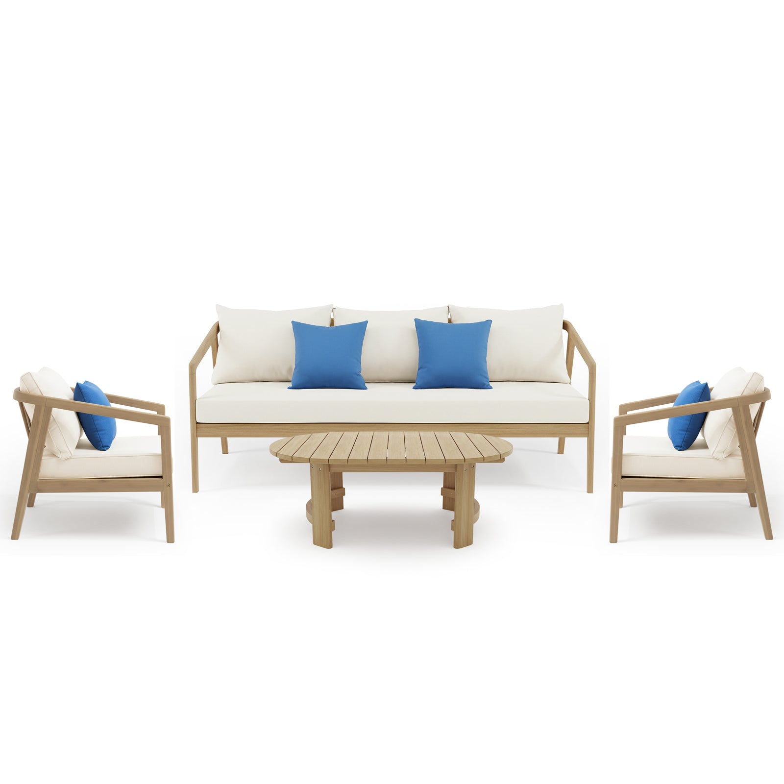Complete patio furniture set with sofa, armchairs, coffee table and blue accent pillows on white background