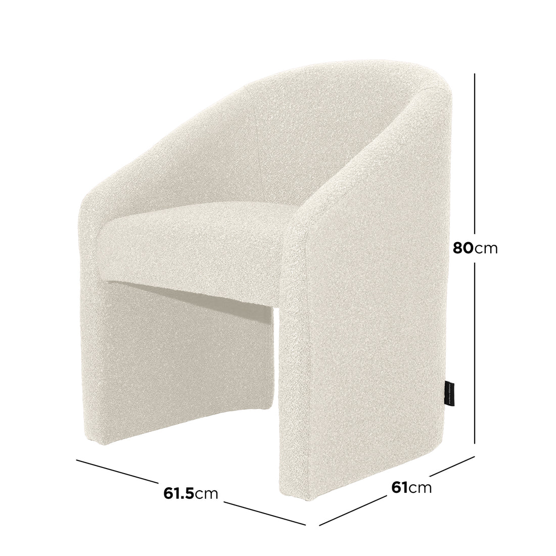 Nuve Bouclé Upholstered Accent Armchair in Cream White, featuring a rounded backrest, integrated armrests, and a sculptural, leg-concealing base. Compact design with cozy bouclé texture and ergonomic curves.