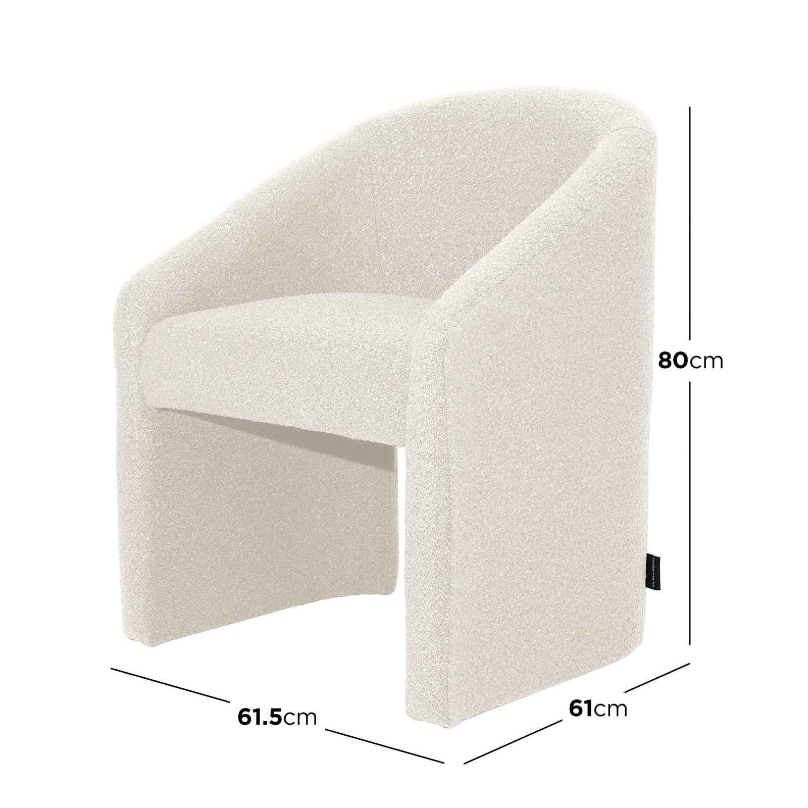Nuve Bouclé Upholstered Accent Armchair in Cream White, featuring a rounded backrest, integrated armrests, and a sculptural, leg-concealing base. Compact design with cozy bouclé texture and ergonomic curves.