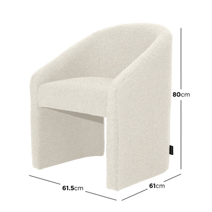 Nuve Bouclé Upholstered Accent Armchair in Cream White, featuring a rounded backrest, integrated armrests, and a sculptural, leg-concealing base. Compact design with cozy bouclé texture and ergonomic curves.